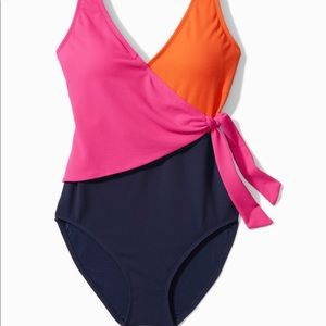 Tommy Bahama Island Cays Colorblock wrap swimsuit.